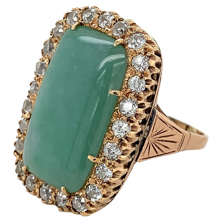 Vintage 12k Gold Elongated Cushion Jade and European Cut Diamond Halo