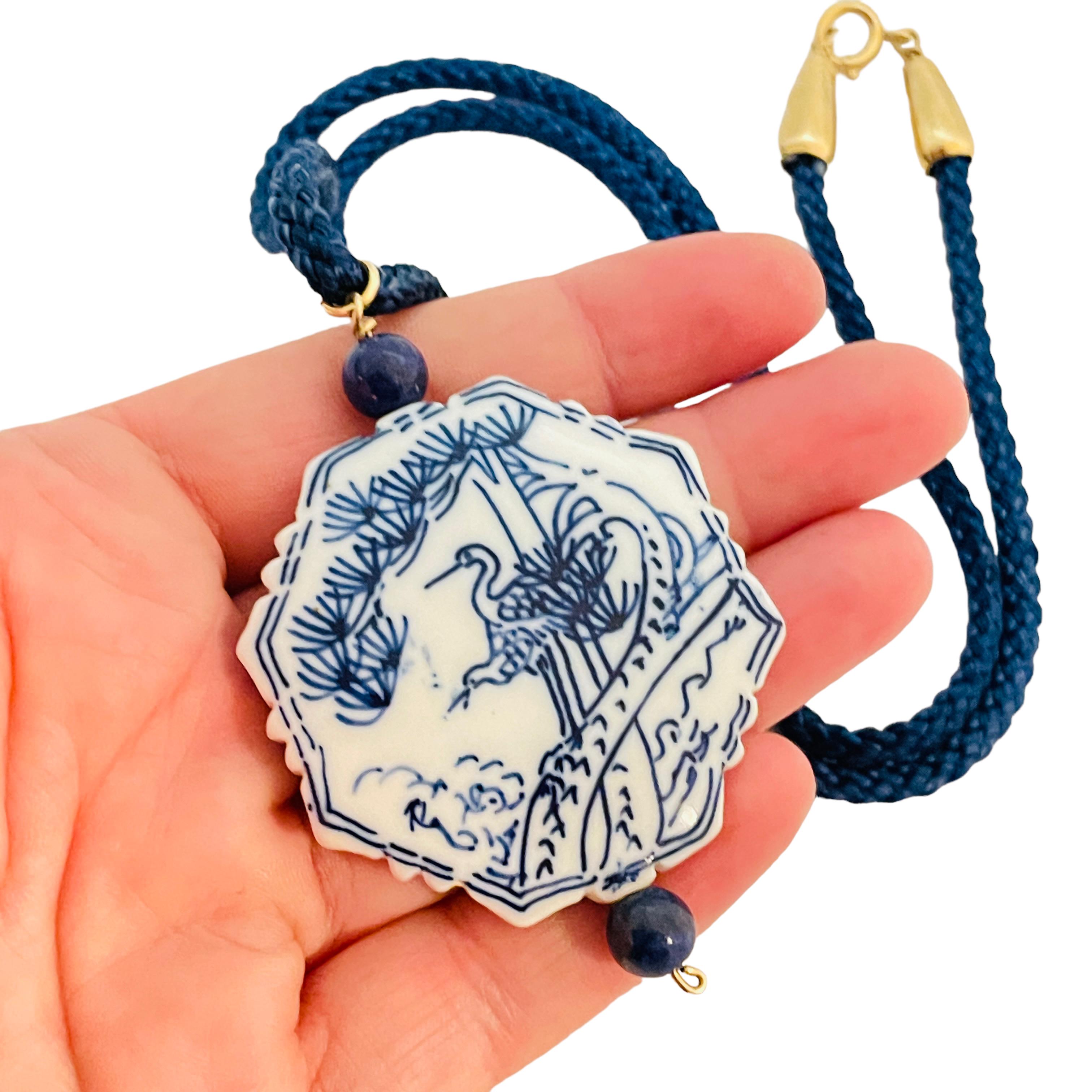 Women's or Men's Vintage 12k gold filled porcelain lapis stone necklace For Sale