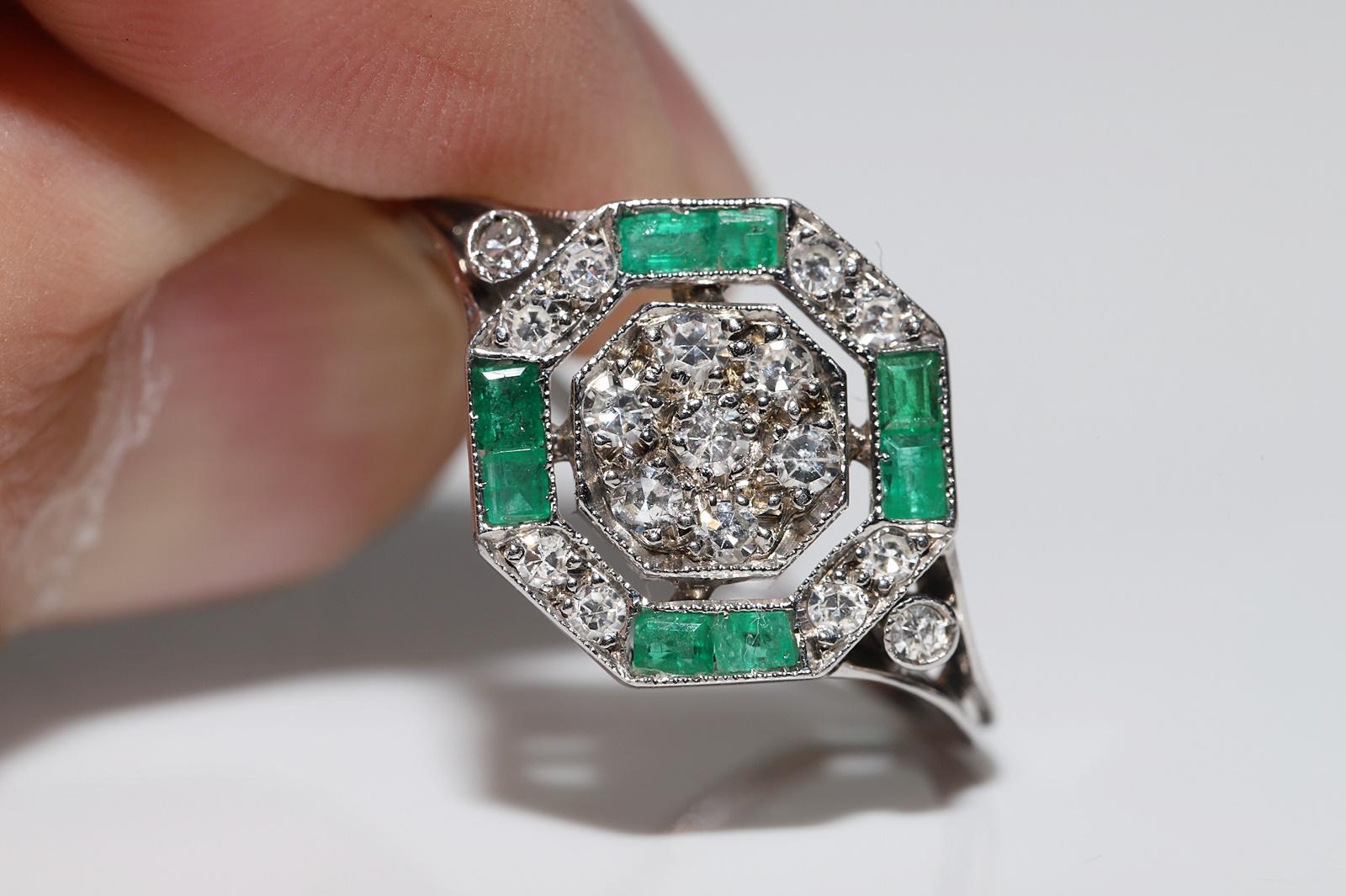 Vintage 12k Gold Natural Diamond And Caliber Emerald Decorated Ring For Sale 6