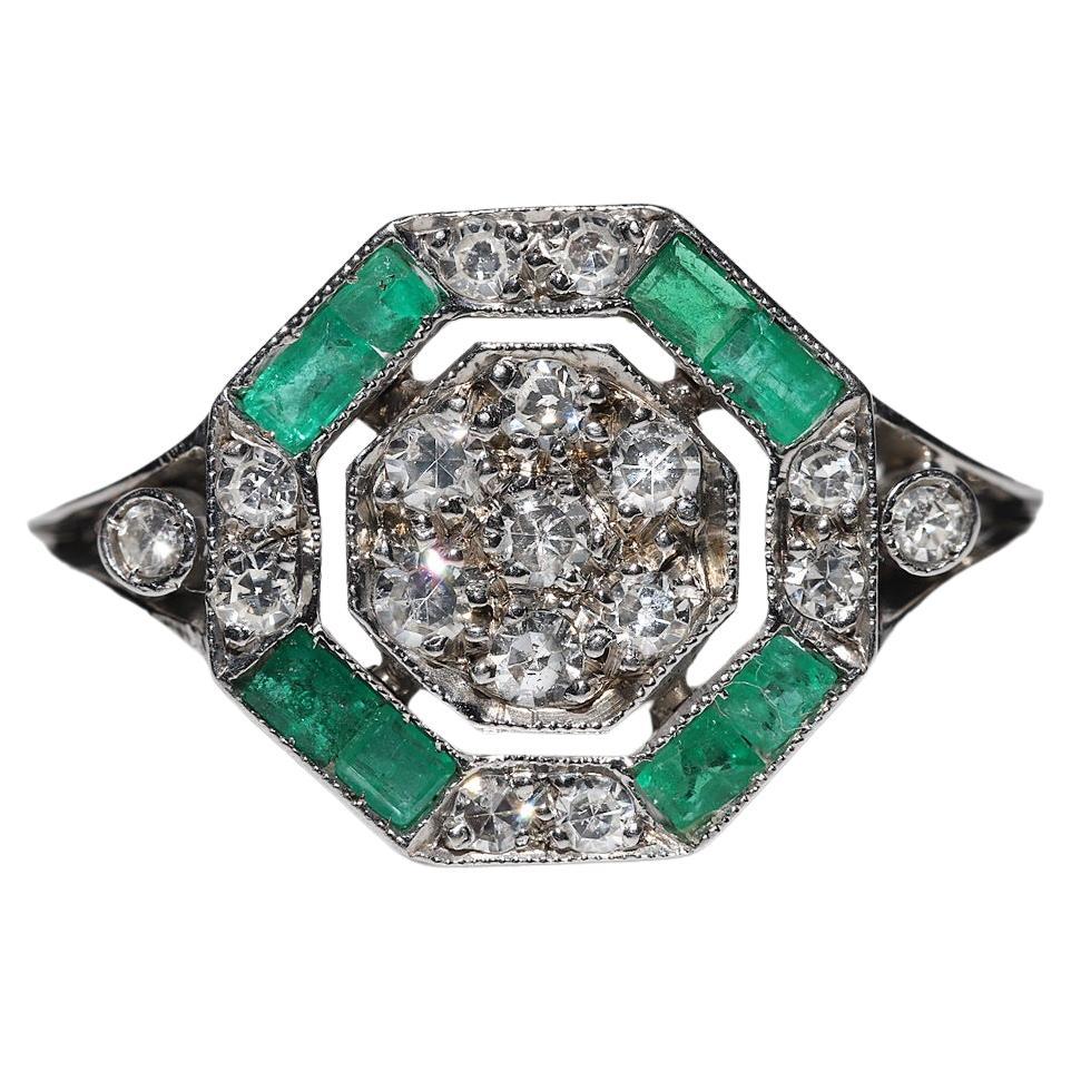 Vintage 12k Gold Natural Diamond And Caliber Emerald Decorated Ring