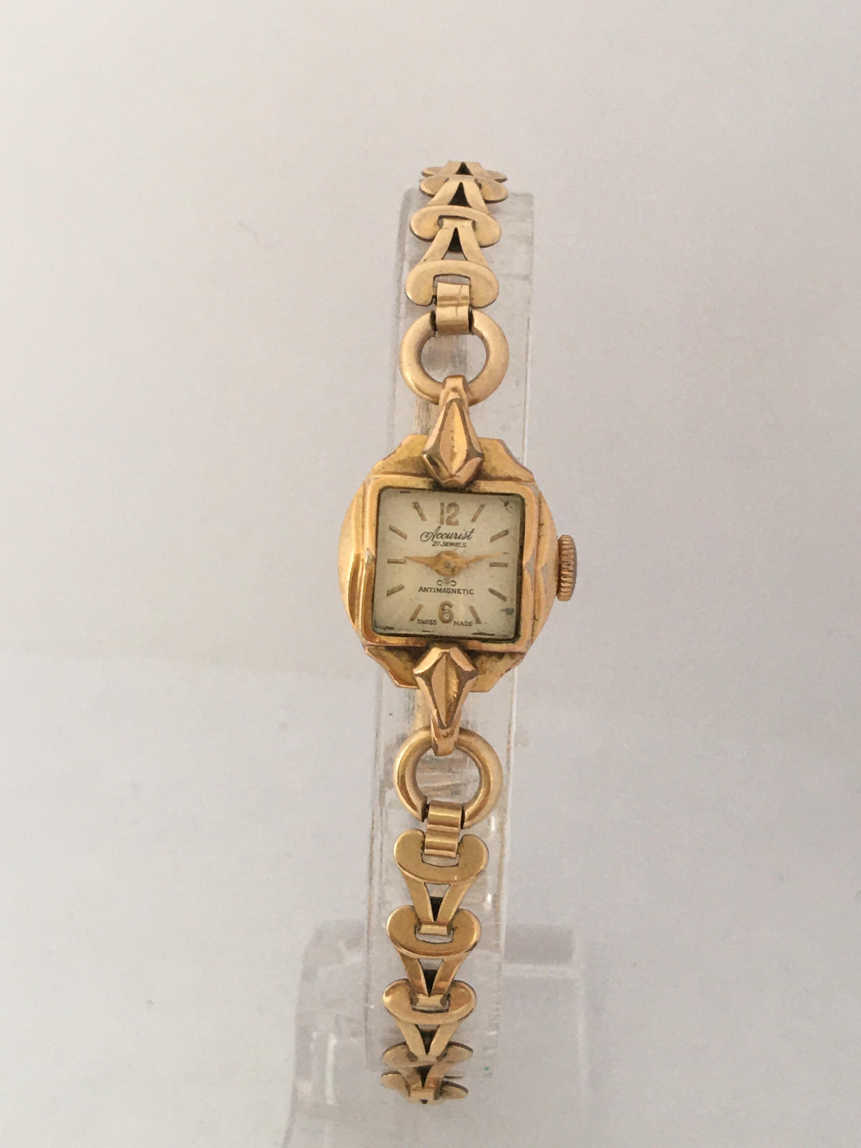 This beautiful and small ladies mechanical rolled gold cocktail watch is working and it is ticking and running well. Tiny scratches on the glass and the chain lock is tarnished as shown. Watch and bracelet dimensions is 7.5 inches 

Please study the