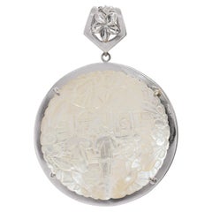 Vintage 12K White Gold Carved Mother of Pearl Chinese Figural Pendant