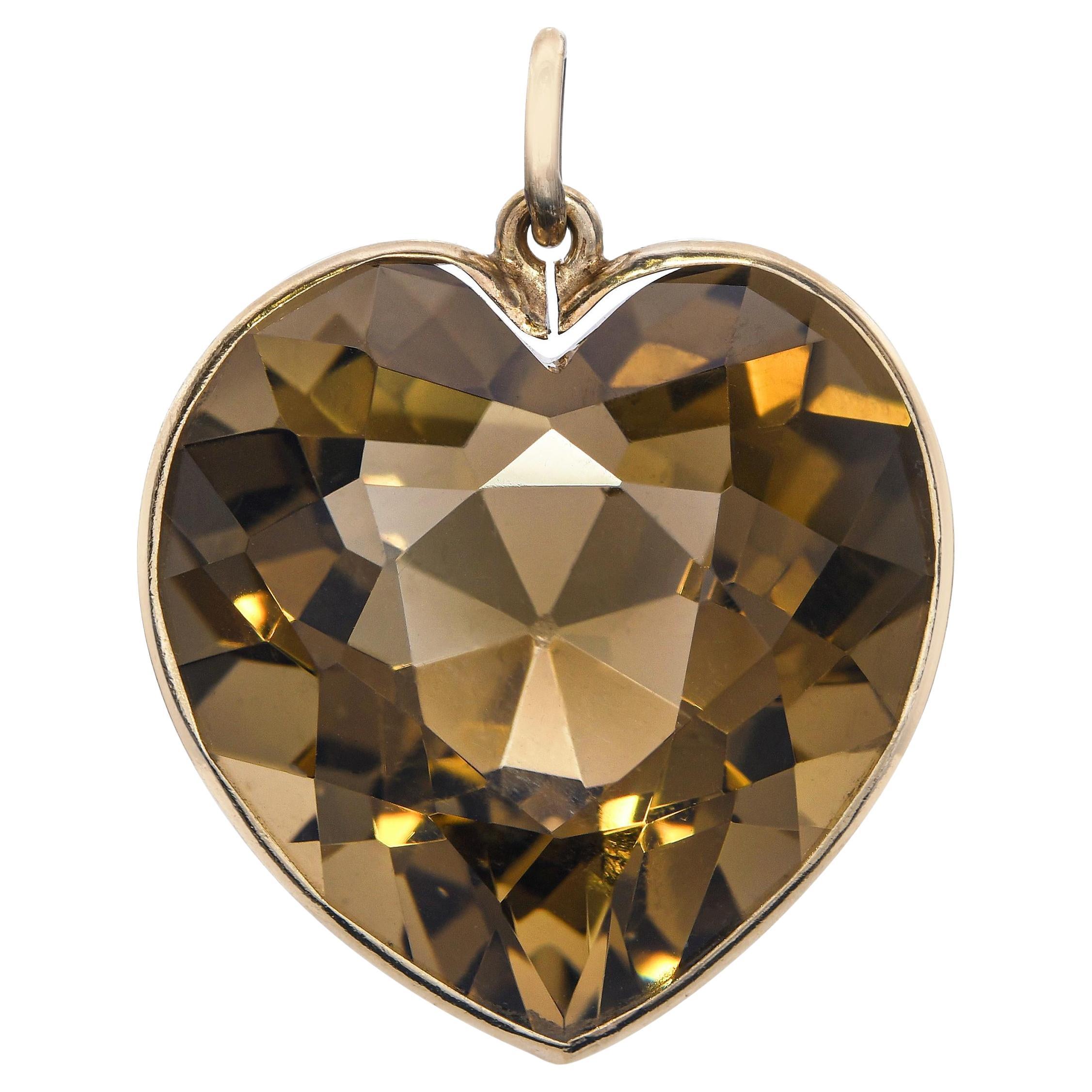 Vintage 12k Yellow 48.2ct Smoky Quartz Heart Pendant