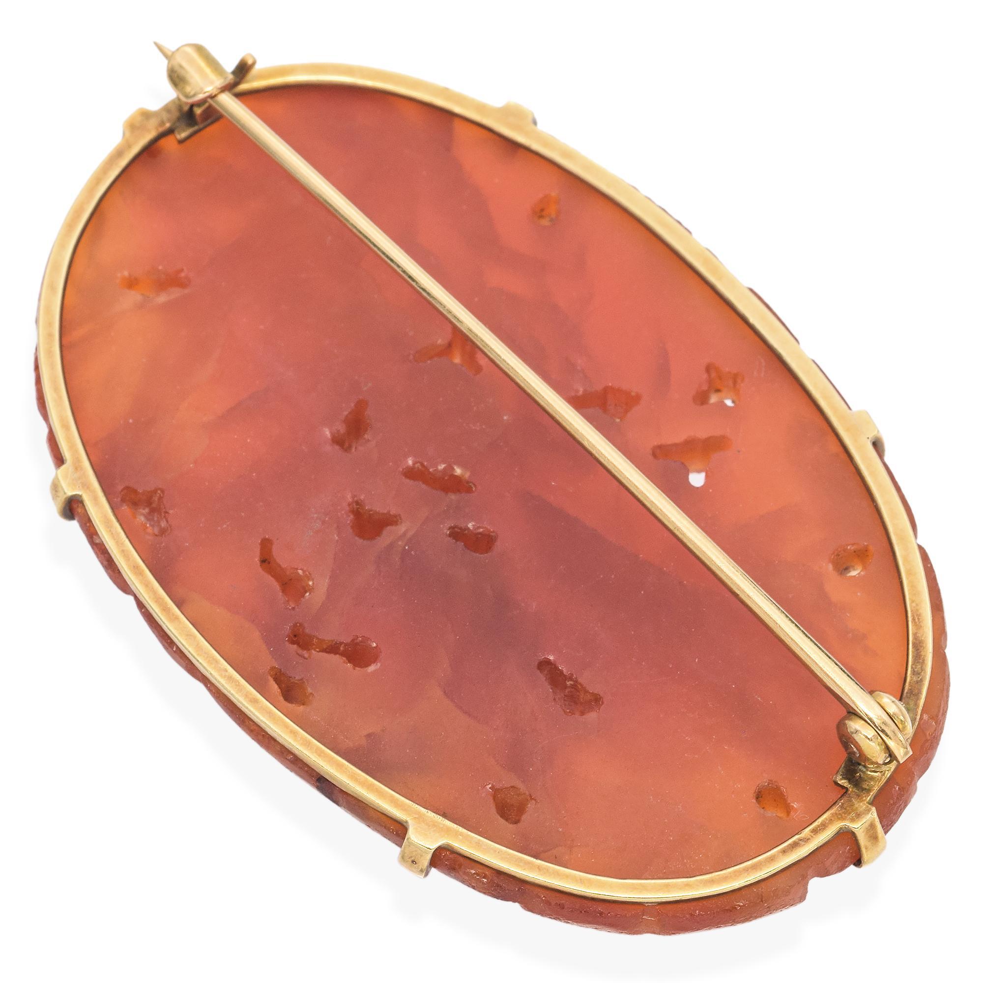 Uncut Vintage 12K Yellow Gold Carnelian Carved Floral Brooch Pin For Sale