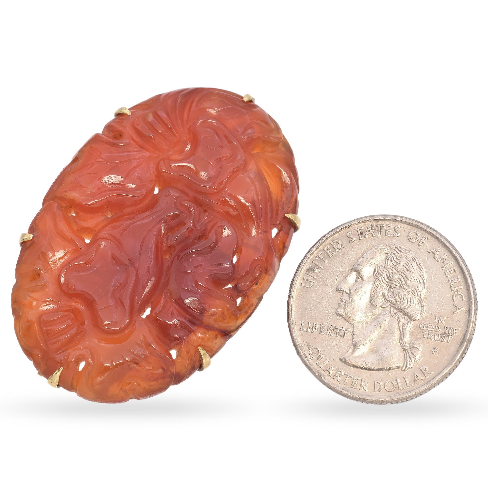 Women's Vintage 12K Yellow Gold Carnelian Carved Floral Brooch Pin For Sale