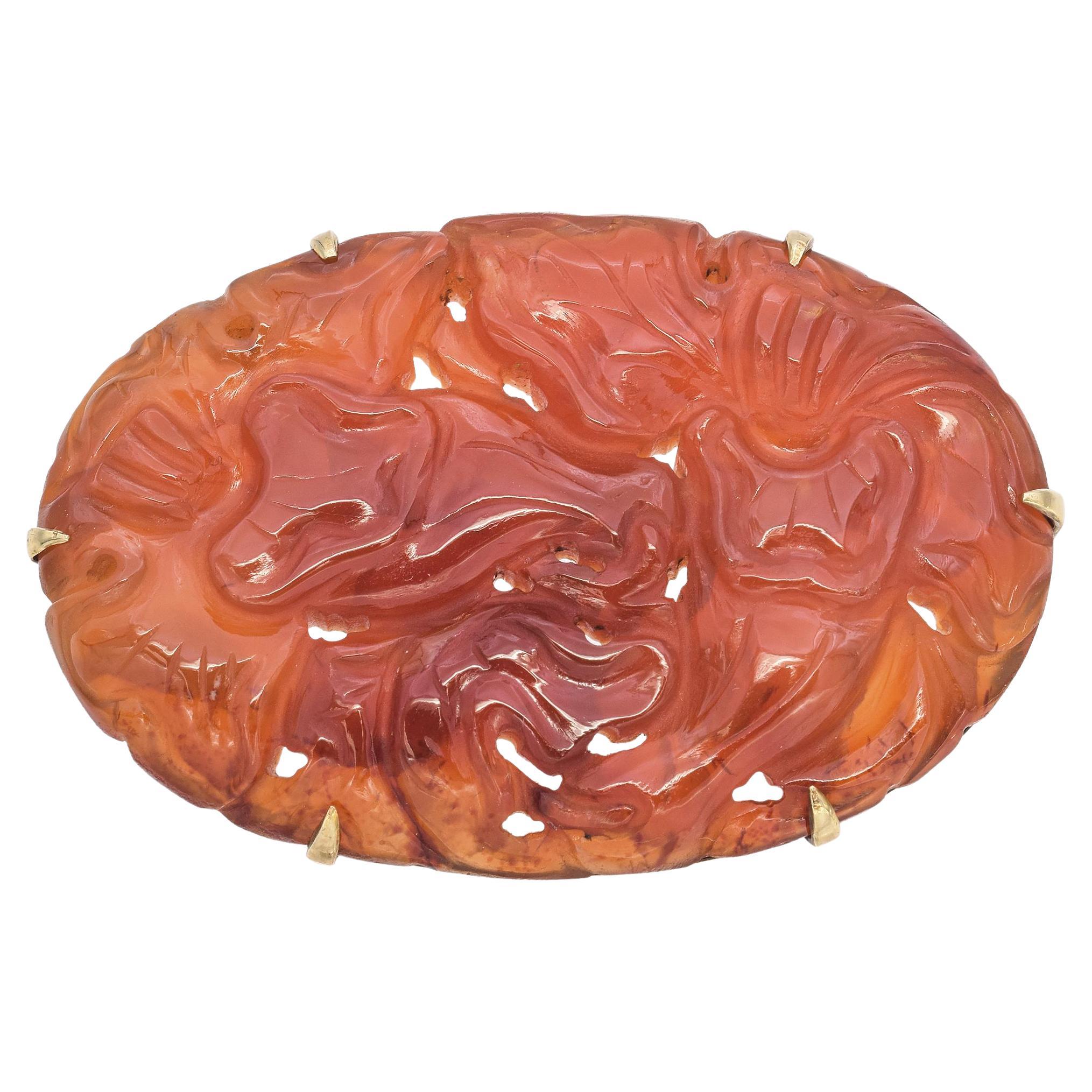 Vintage 12K Yellow Gold Carnelian Carved Floral Brooch Pin For Sale