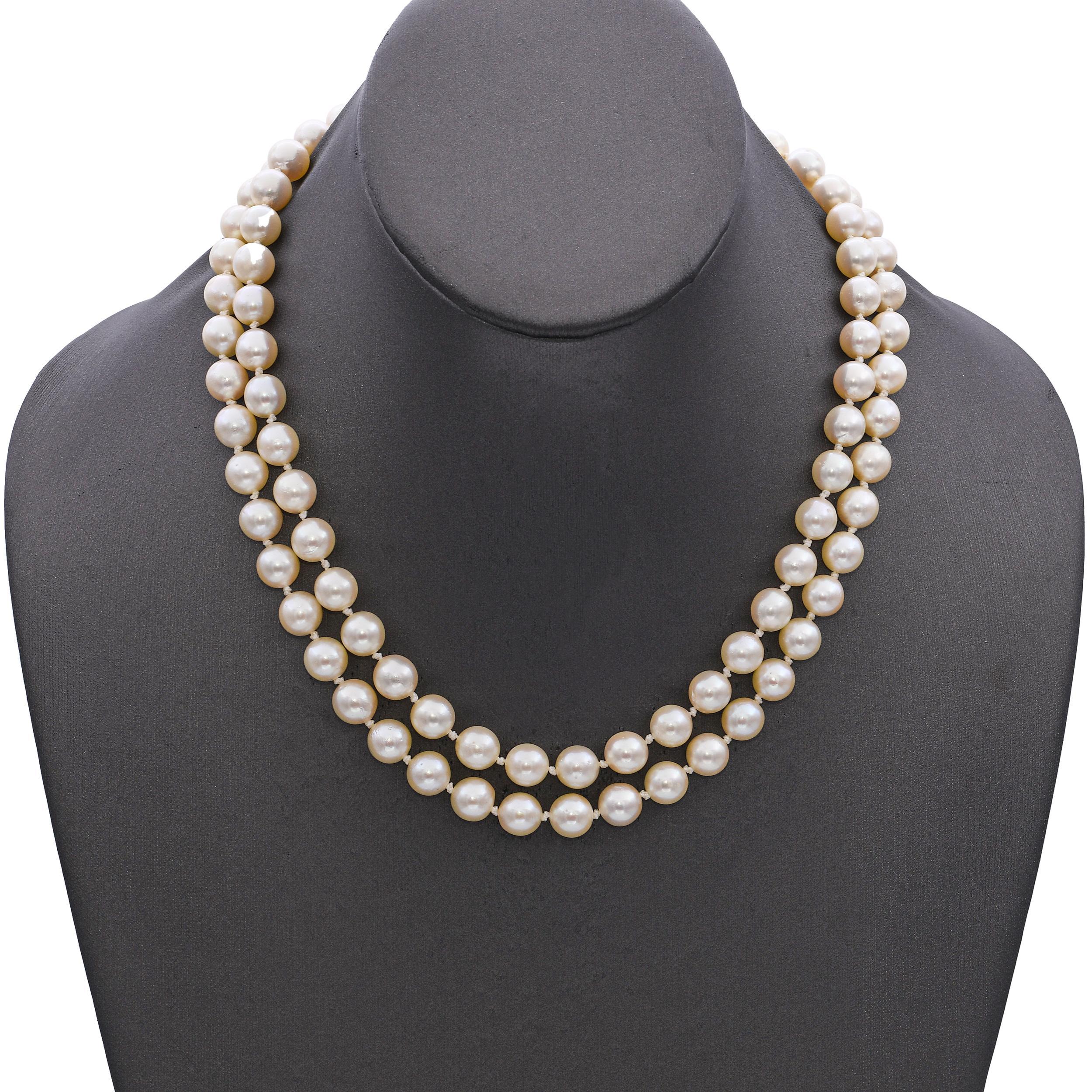 Bead Vintage 12k Yellow Gold Pearl Double Strand Necklace For Sale