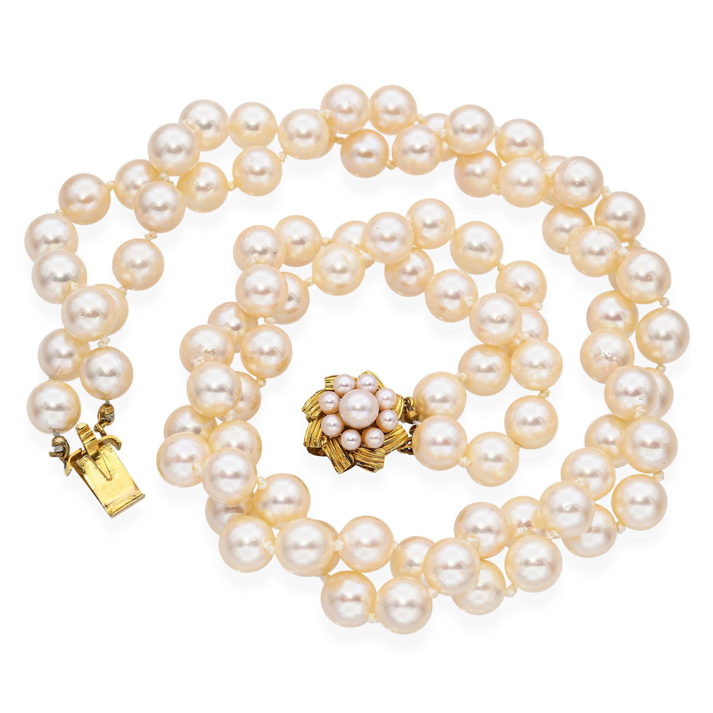 Vintage 12k Yellow Gold Pearl Double Strand Necklace In Good Condition For Sale In New York, NY