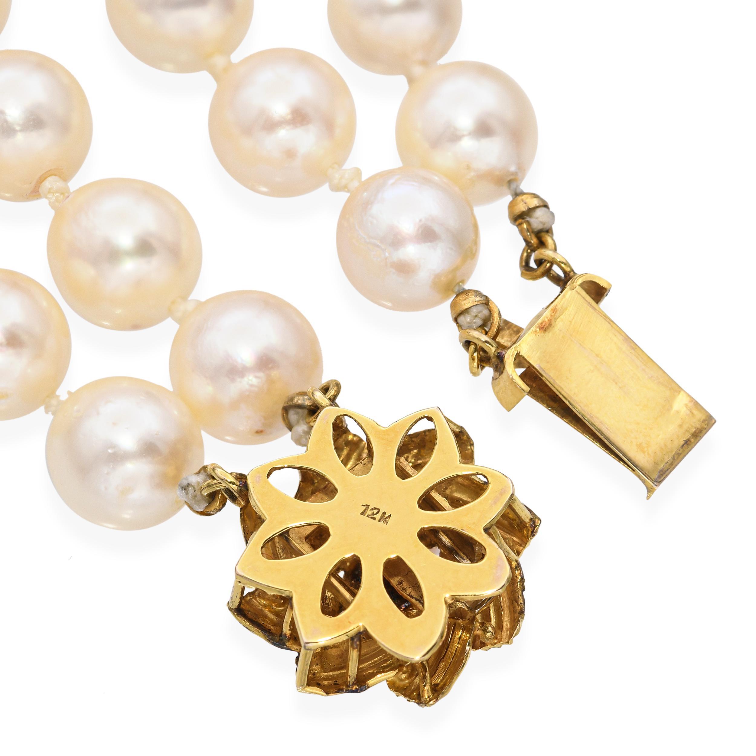 Women's Vintage 12k Yellow Gold Pearl Double Strand Necklace For Sale