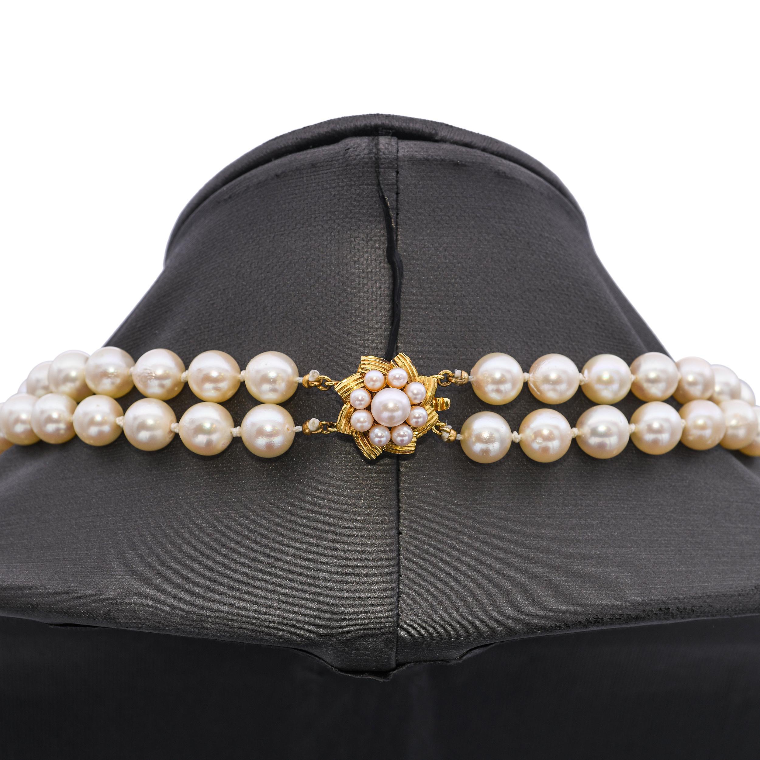 Vintage 12k Yellow Gold Pearl Double Strand Necklace For Sale 1
