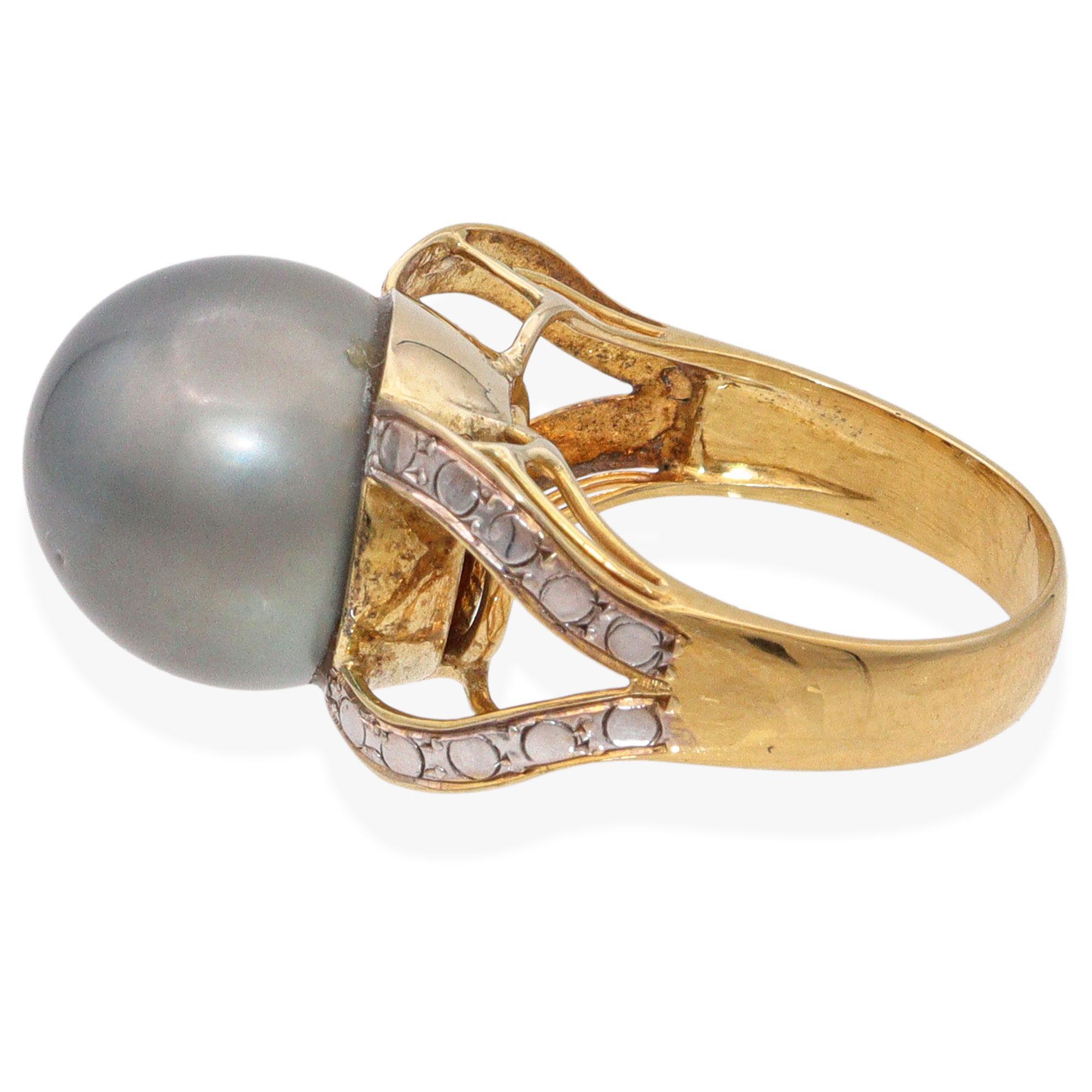 Bague vintage en or jaune 12k avec perle de Tahiti Bon état - En vente à New York, NY