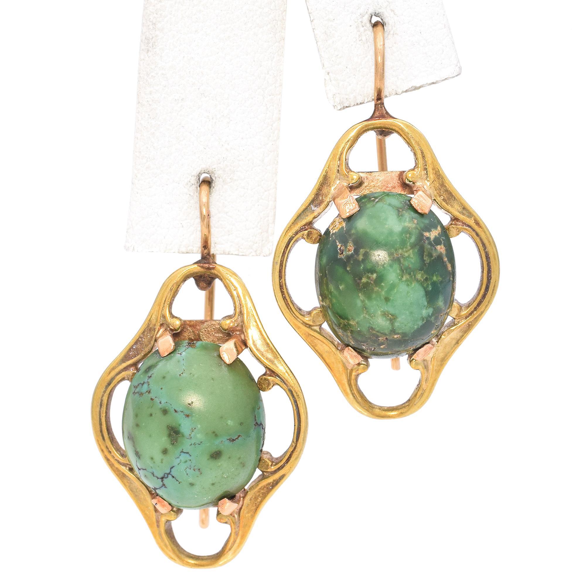 Vintage 12K Yellow Gold Turquoise Oval Cabochon Earrings In Good Condition For Sale In New York, NY