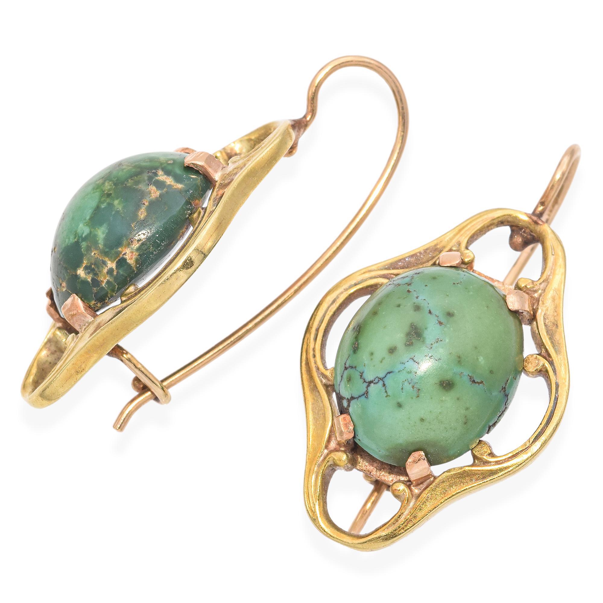 Women's Vintage 12K Yellow Gold Turquoise Oval Cabochon Earrings For Sale