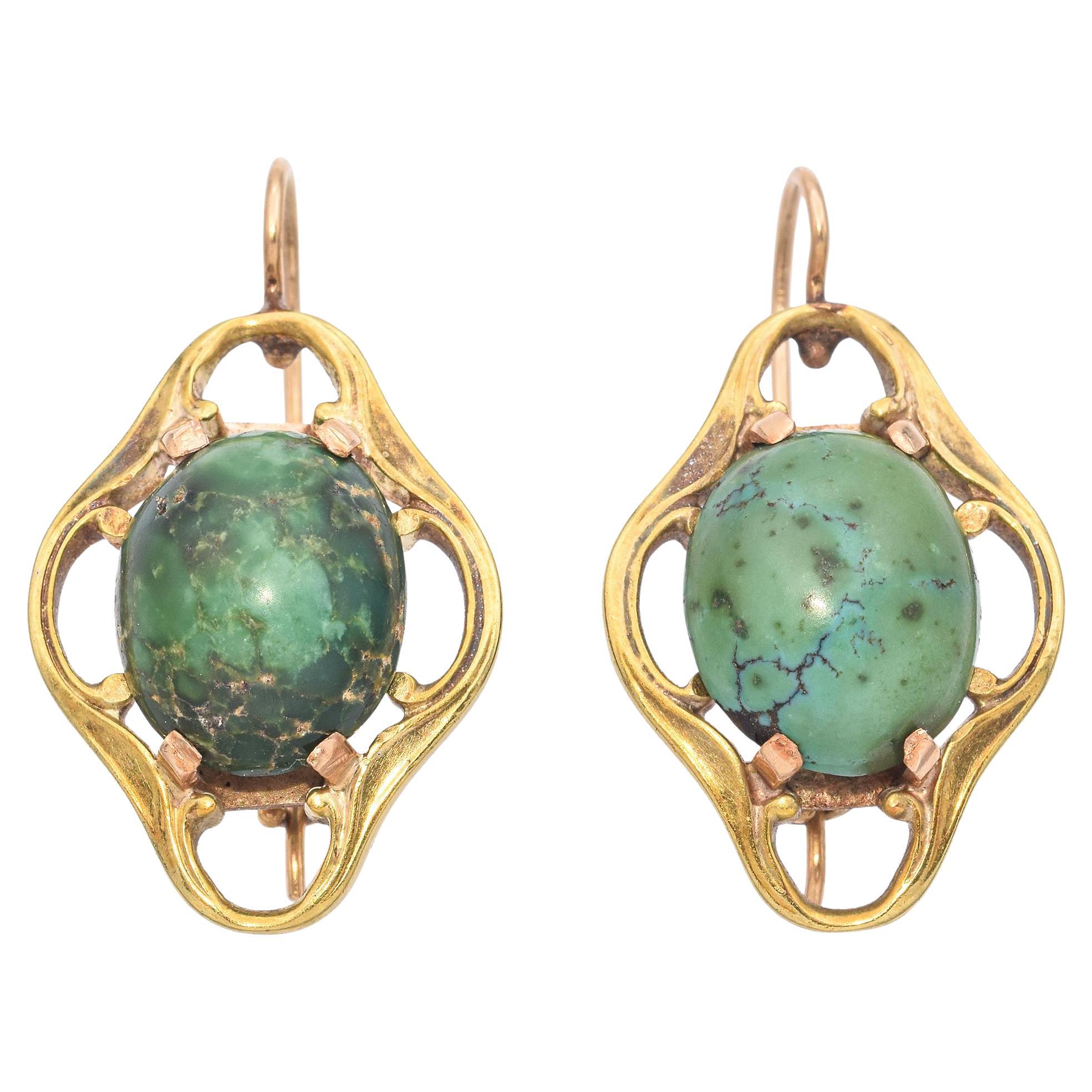 Vintage 12K Yellow Gold Turquoise Oval Cabochon Earrings