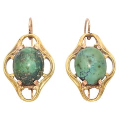 Vintage 12K Yellow Gold Turquoise Oval Cabochon Earrings