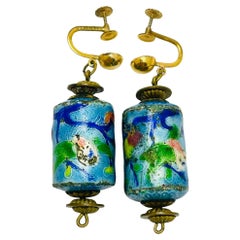 Vintage 12kt gold filled colorful enamel screw back dangle earrings