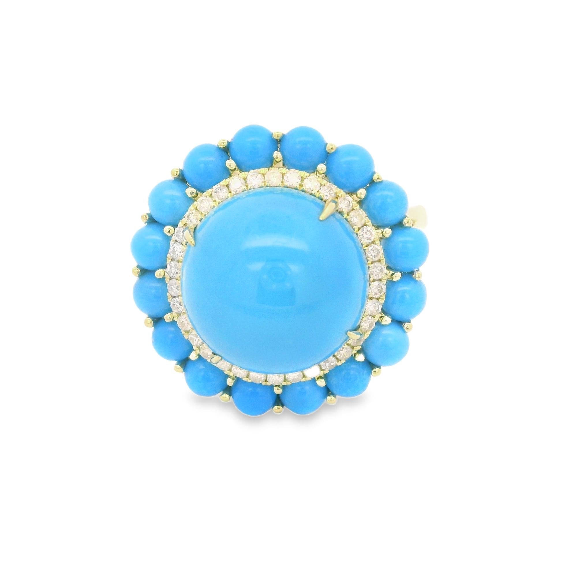 Make a bold and vibrant statement with this exquisite 14-karat yellow gold ring, featuring a stunning arrangement of turquoise gemstones and diamonds.  The centerpiece of this luxurious design is a magnificent 12mm turquoise stone, surrounded by a