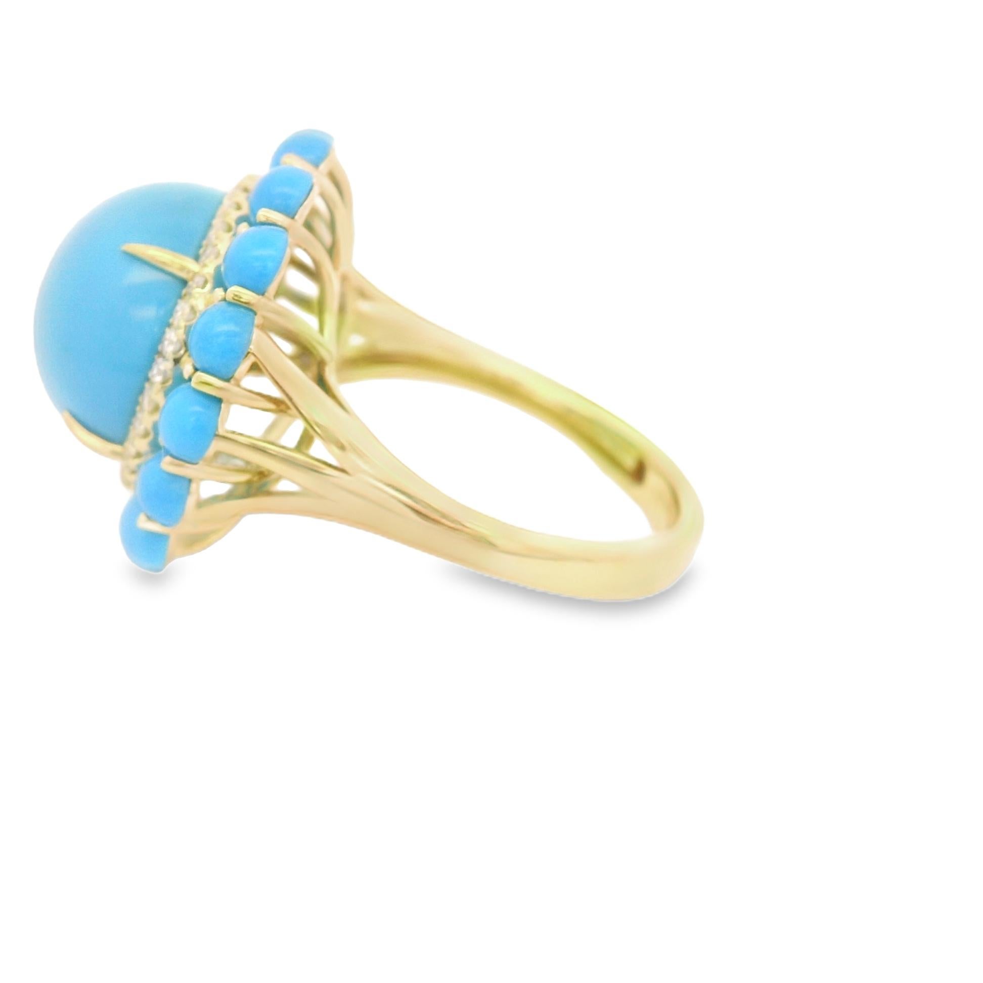 Art Deco Vintage 12mm Sleeping Beauty Turquoise Diamond Ring in 14K Yellow Gold