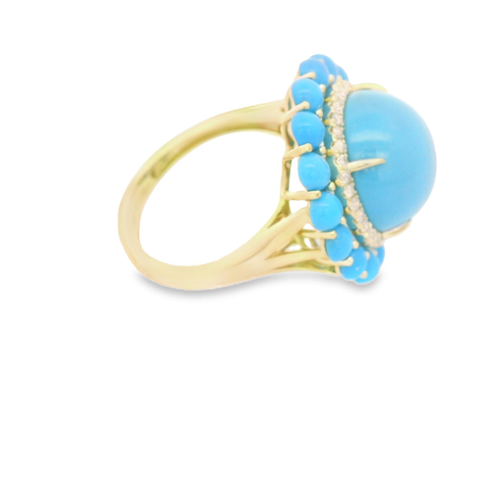 Vintage 12mm Sleeping Beauty Turquoise Diamond Ring in 14K Yellow Gold In New Condition In Hong Kong, HK