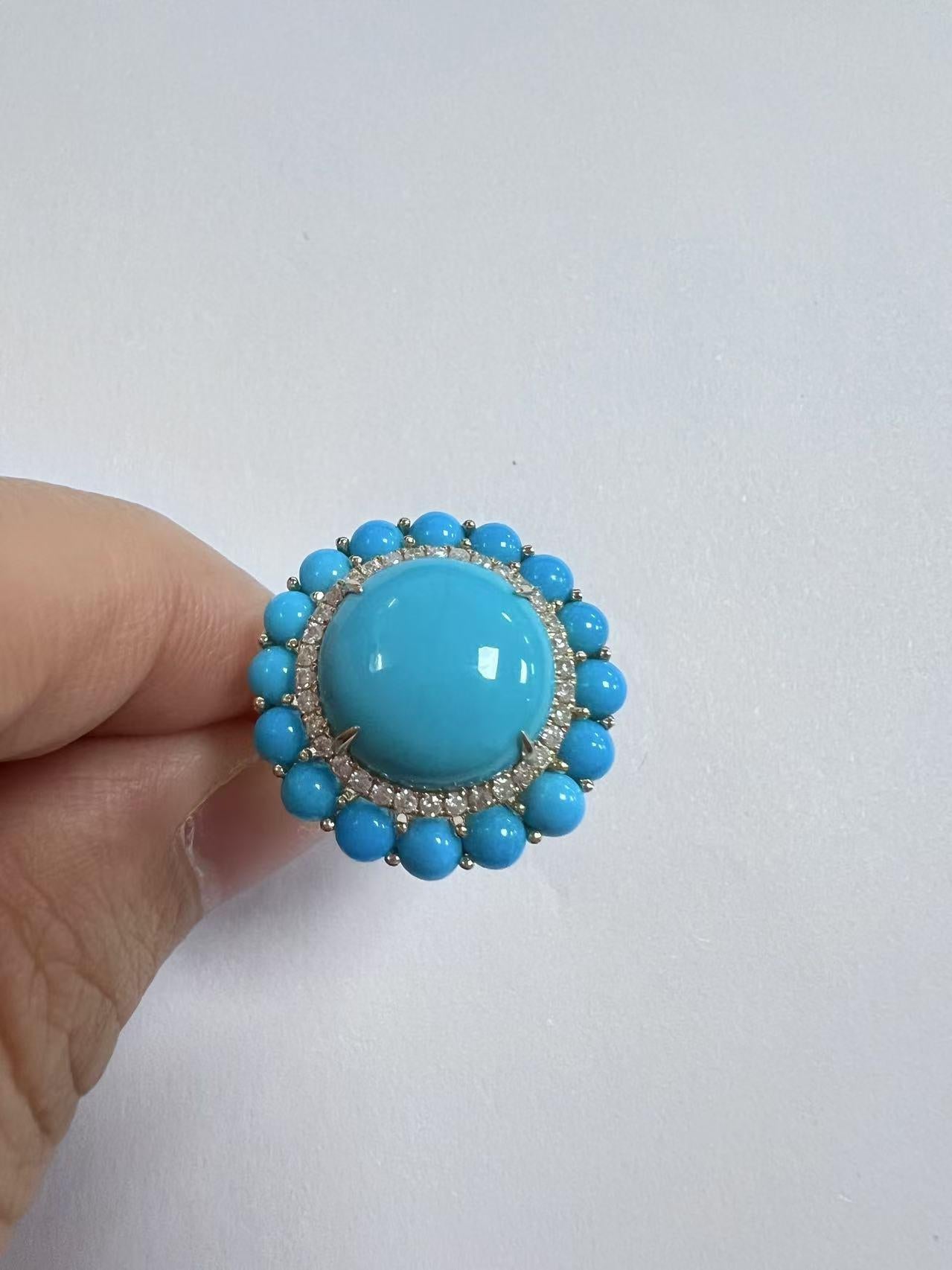 Women's Vintage 12mm Sleeping Beauty Turquoise Diamond Ring in 14K Yellow Gold