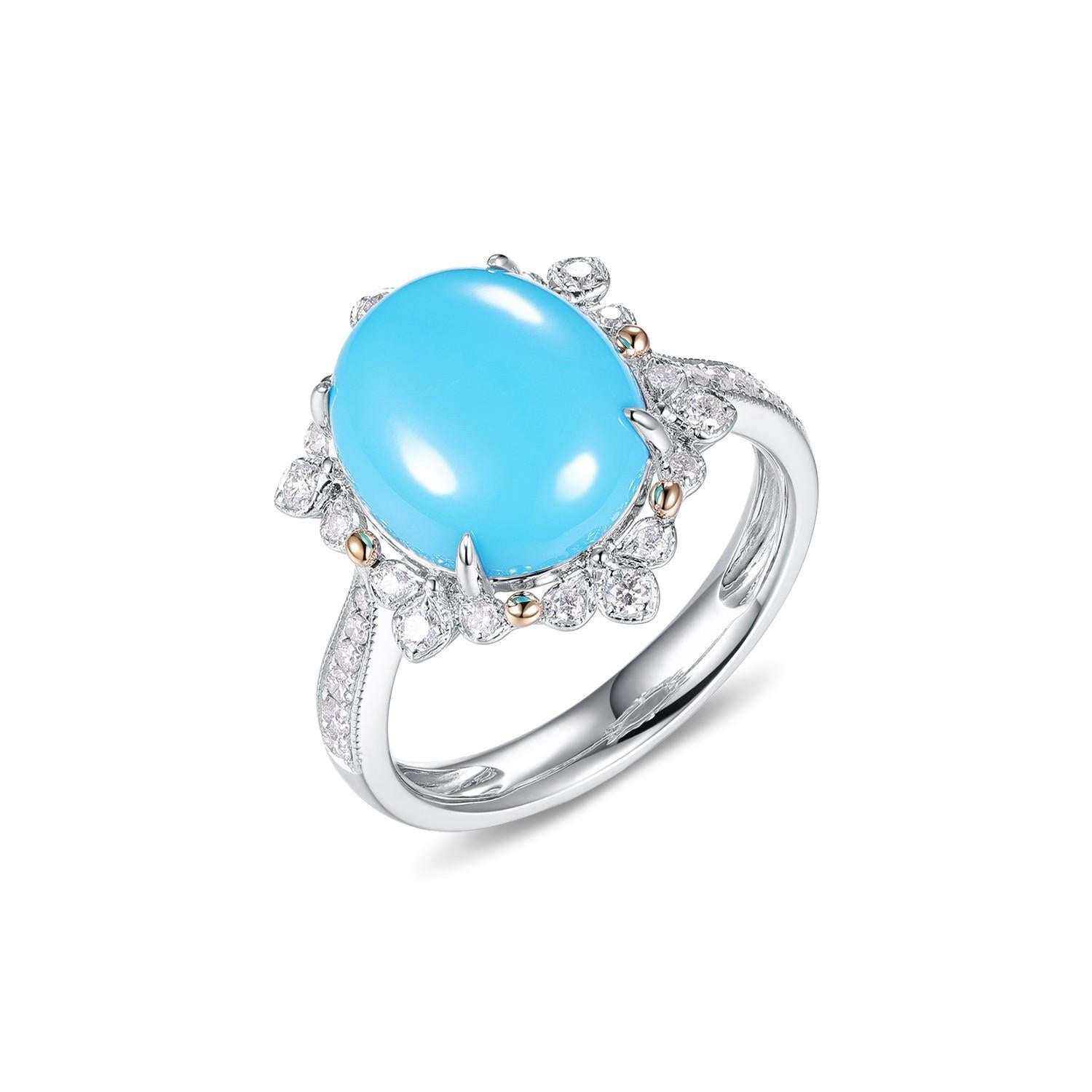Dieser exquisite Ring ist aus 14 Karat Weißgold gefertigt und zeigt in der Mitte einen atemberaubenden 10 x 12 mm großen Dornröschen-Türkis. Der Türkis ist für seinen reinen, rotkehlchenblauen Farbton und seine makellose Klarheit bekannt und strahlt