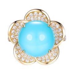 Vintage 12mm Sleeping Beauty Turquoise Diamond Ring in 18K Yellow Gold