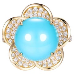 Vintage 12mm Sleeping Beauty Turquoise Diamond Ring in 18K Yellow Gold