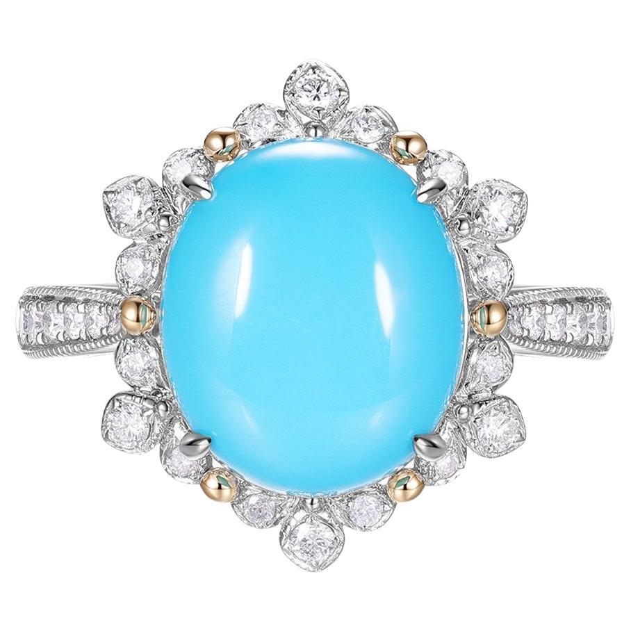 Anello vintage con diamanti in oro bianco 14 carati con turchese Bella Addormentata 10X12 mm