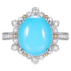 Anello vintage con diamanti in oro bianco 14 carati con turchese Bella Addormentata 10X12 mm