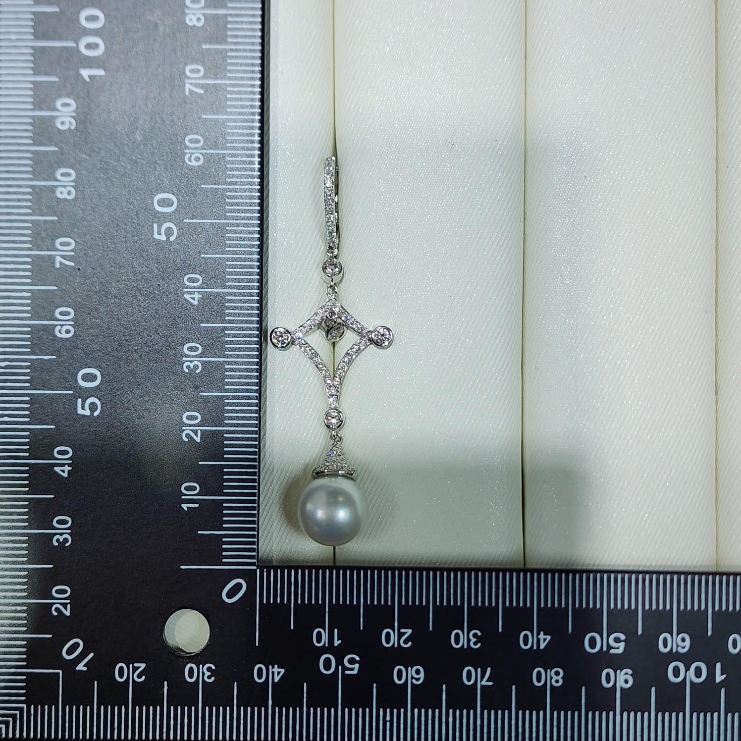 Women's Vintage 12mm South Sea Pearl Dangle Earrings  18K White Gold For Sale