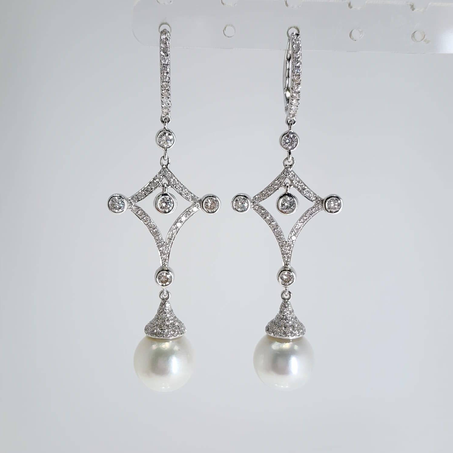 Vintage 12mm South Sea Pearl Dangle Earrings  18K White Gold For Sale 1