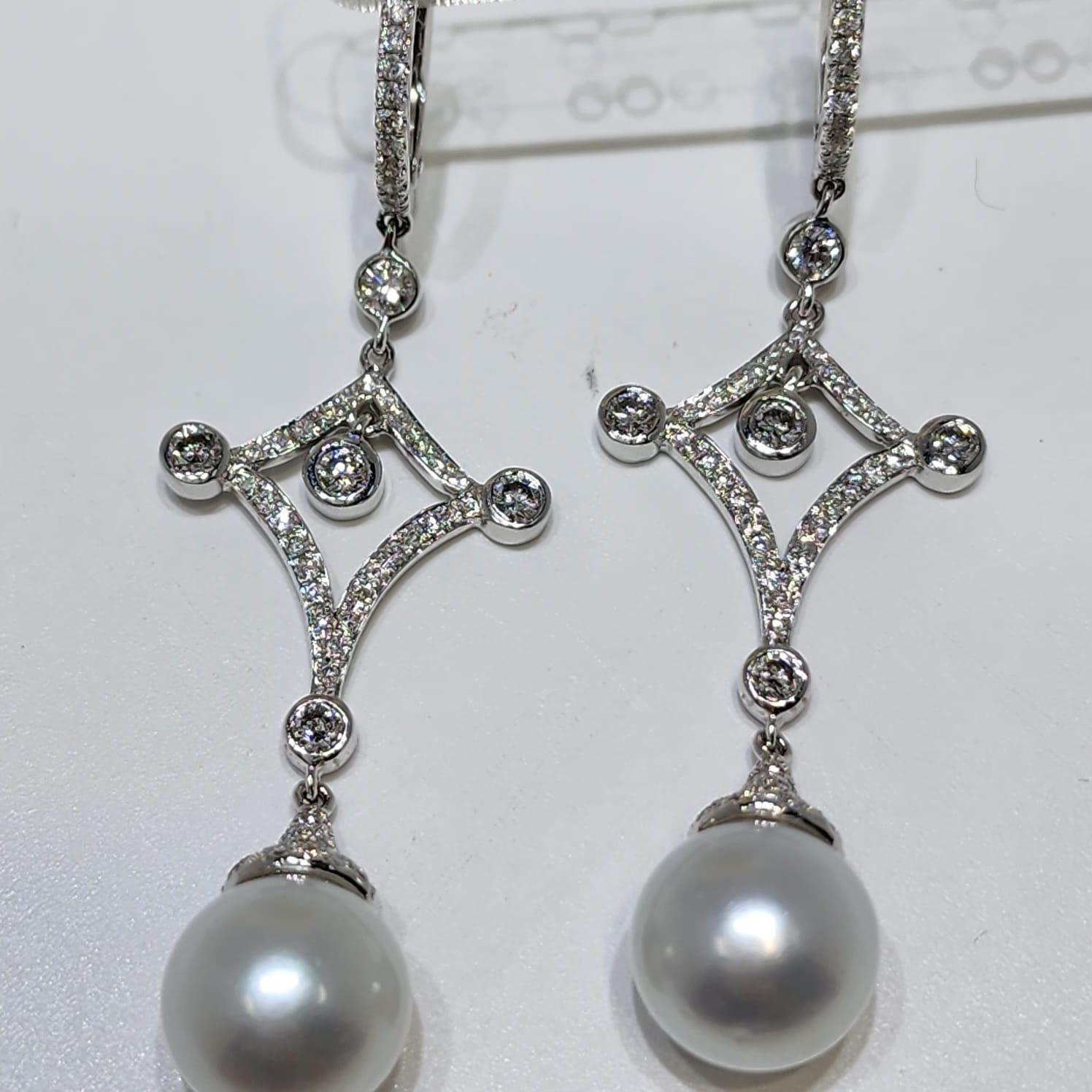 Vintage 12mm South Sea Pearl Dangle Earrings  18K White Gold For Sale 2