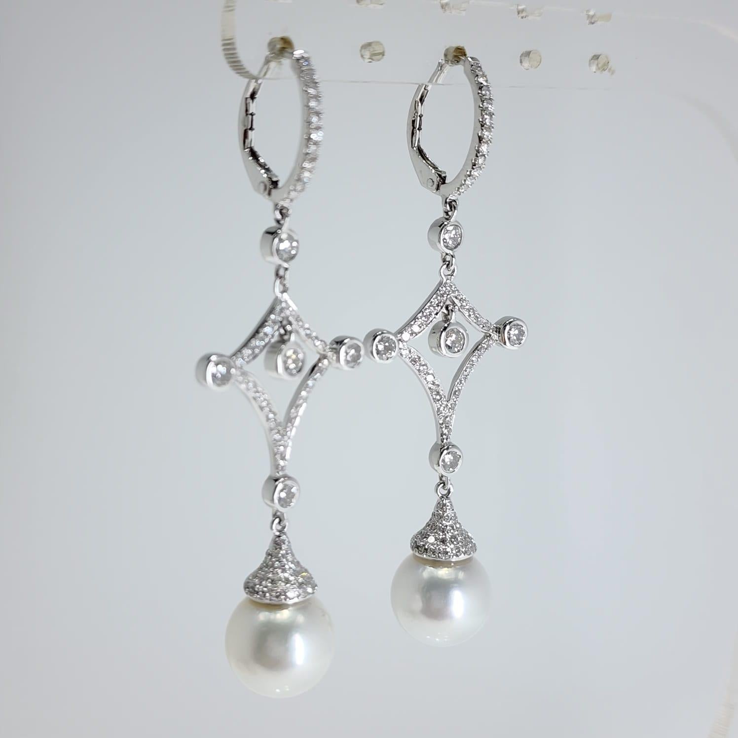 Vintage 12mm South Sea Pearl Dangle Earrings  18K White Gold For Sale 3