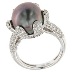 Vintage 12MM Tahitian Black Pearl Diamond Ring in 18 Karat White Gold