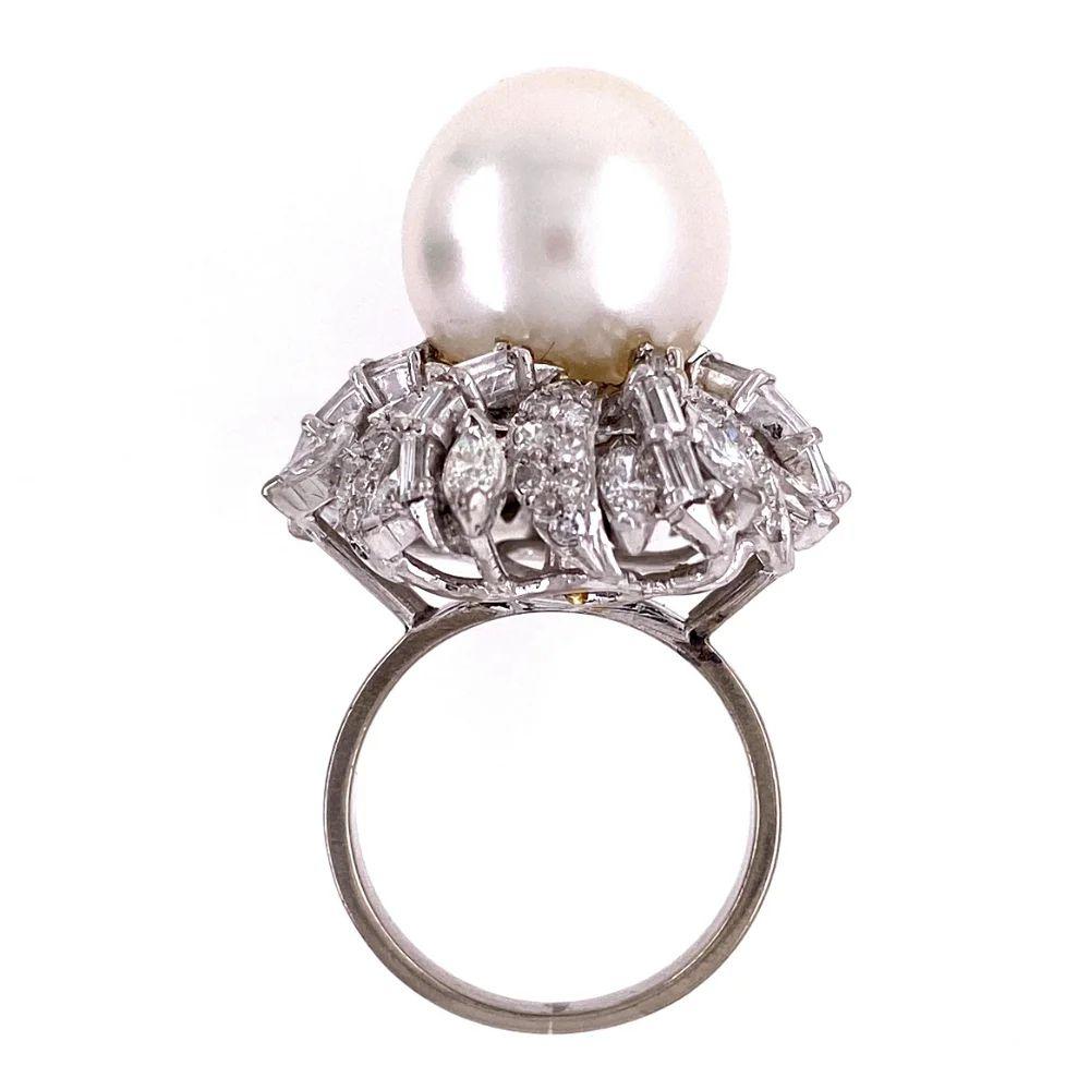 Vintage 12mm White South Sea Pearl and Multi Diamond Gold Cocktail Ring For Sale 4