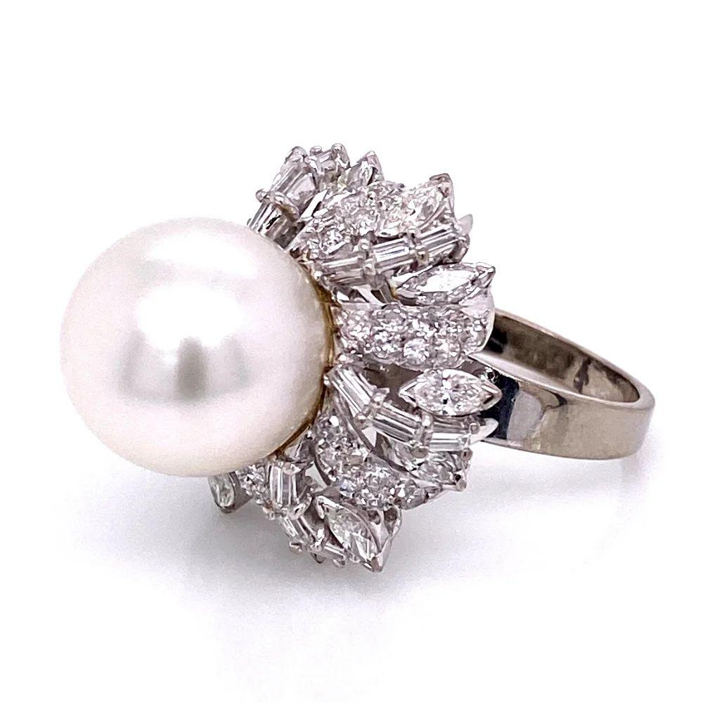 Vintage 12mm White South Sea Pearl and Multi Diamond Gold Cocktail Ring For Sale 5