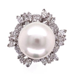 Vintage 12mm White South Sea Pearl and Multi Diamond Gold Cocktail Ring