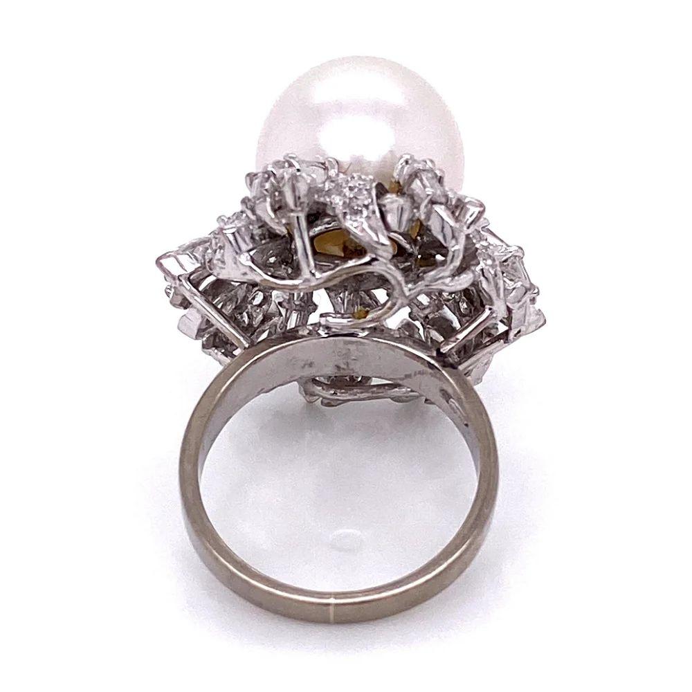Mixed Cut Vintage 12mm White South Sea Pearl and Multi Diamond Gold Cocktail Ring For Sale