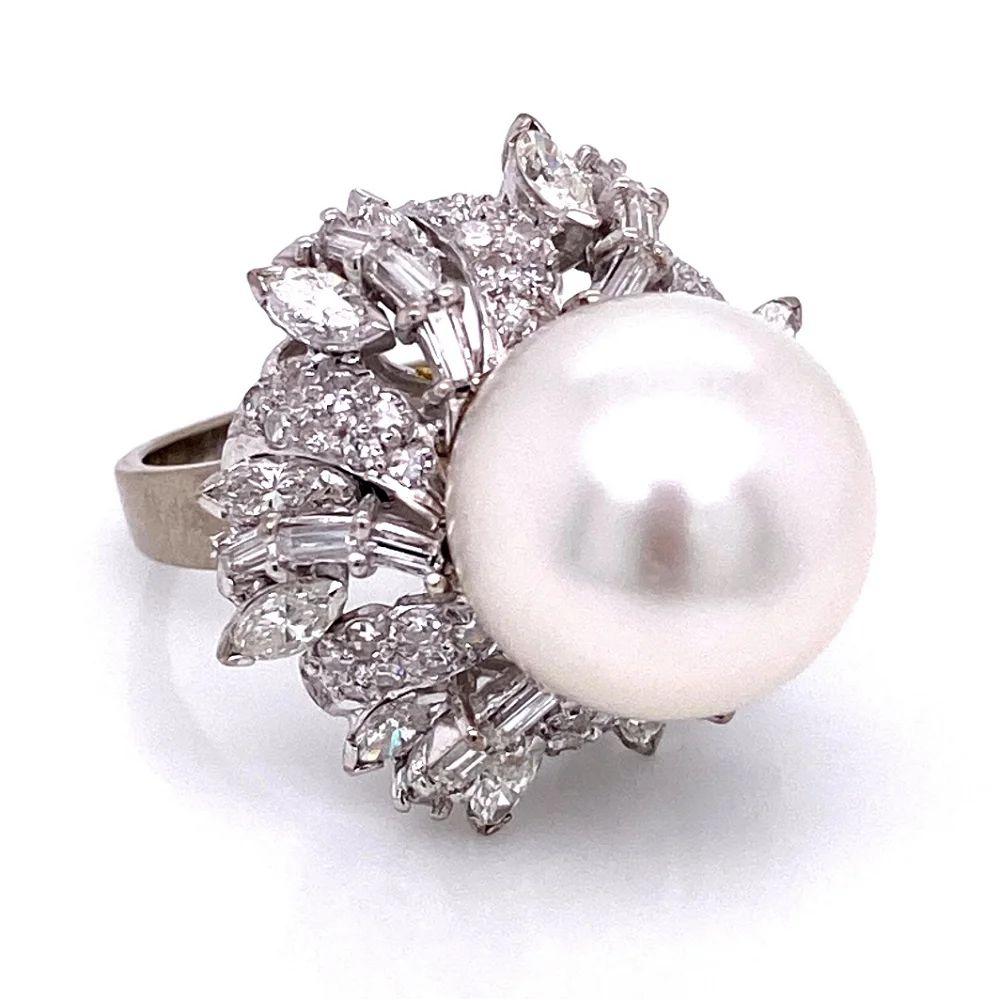 Women's Vintage 12mm White South Sea Pearl and Multi Diamond Gold Cocktail Ring For Sale