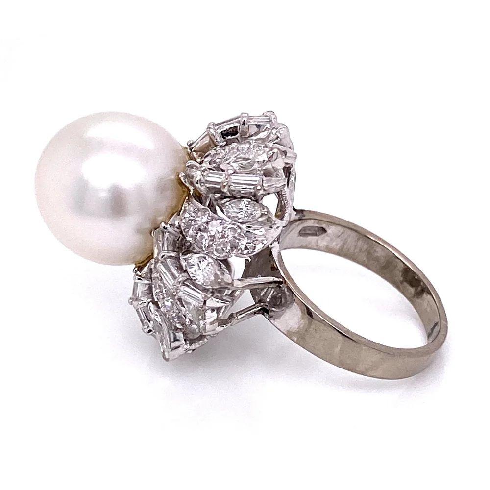 Vintage 12mm White South Sea Pearl and Multi Diamond Gold Cocktail Ring For Sale 2