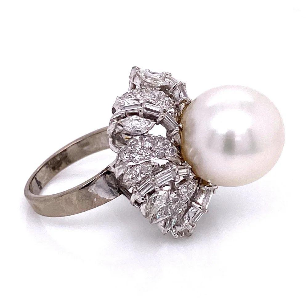 Vintage 12mm White South Sea Pearl and Multi Diamond Gold Cocktail Ring For Sale 3