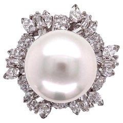 Retro 12mm White South Sea Pearl and Multi Diamond Gold Cocktail Ring