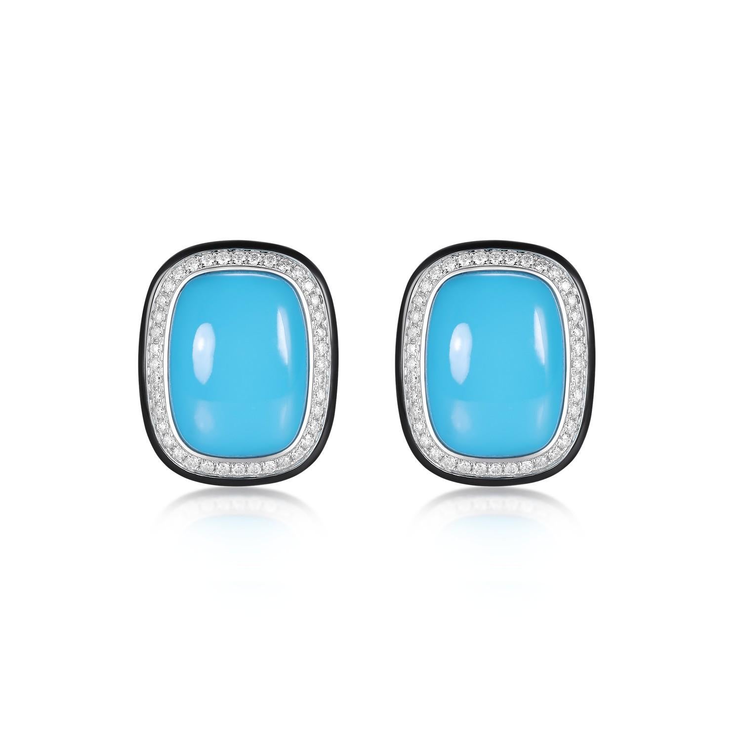 Vintage 12x16mm Turquoise Enamel Diamond Earrings in 14K Gold