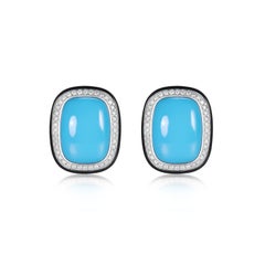 Vintage 12x16mm Turquoise Enamel Diamond Earrings in 14K Gold