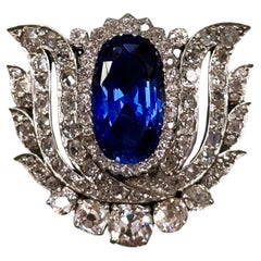 Antique 13-15cts Natural Oval Blue Sapphire and Diamond Brooch in 18k White Gold