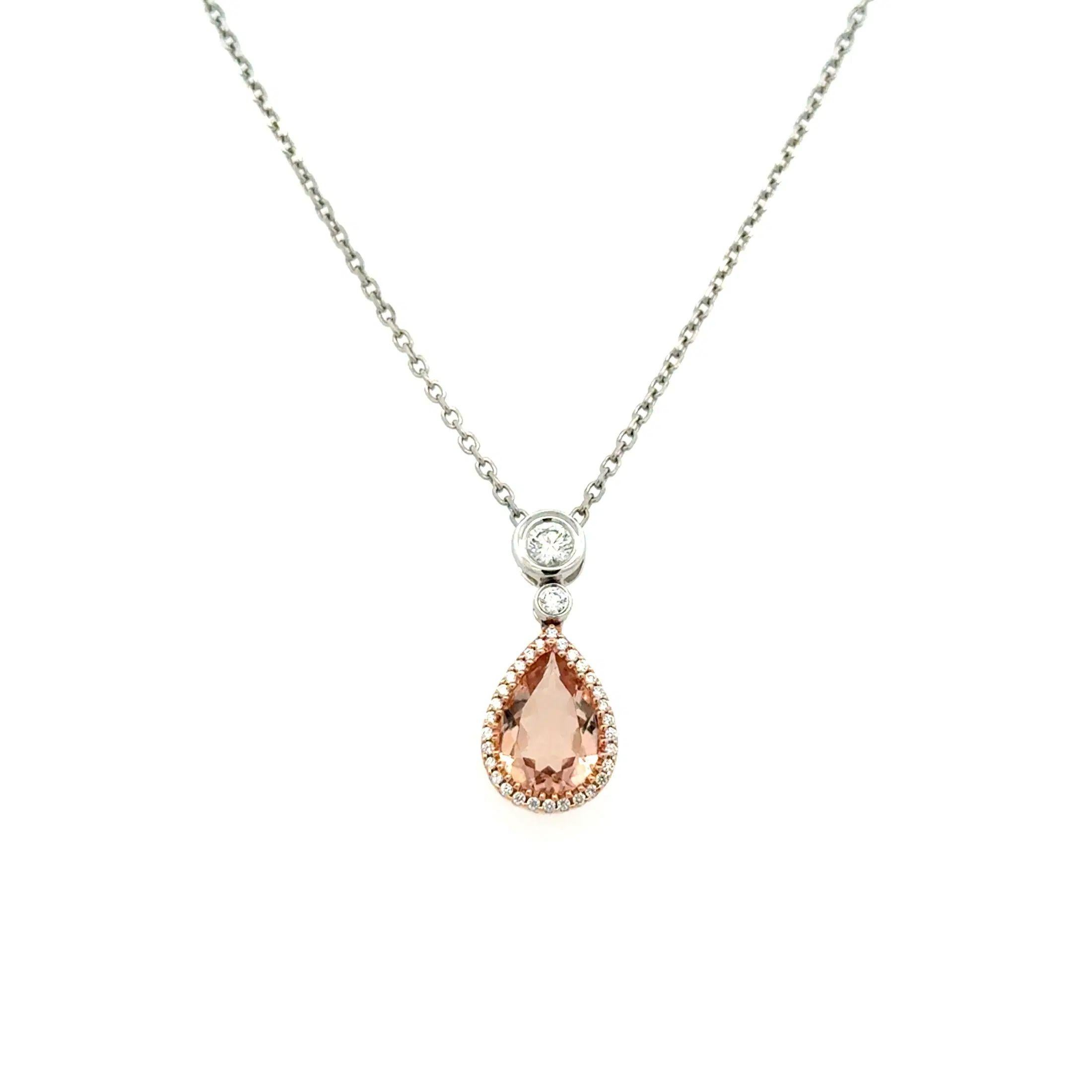 Pear Cut Vintage 1.3 Carat Pear Morganite and Diamond Gold Drop Pendant Necklace For Sale