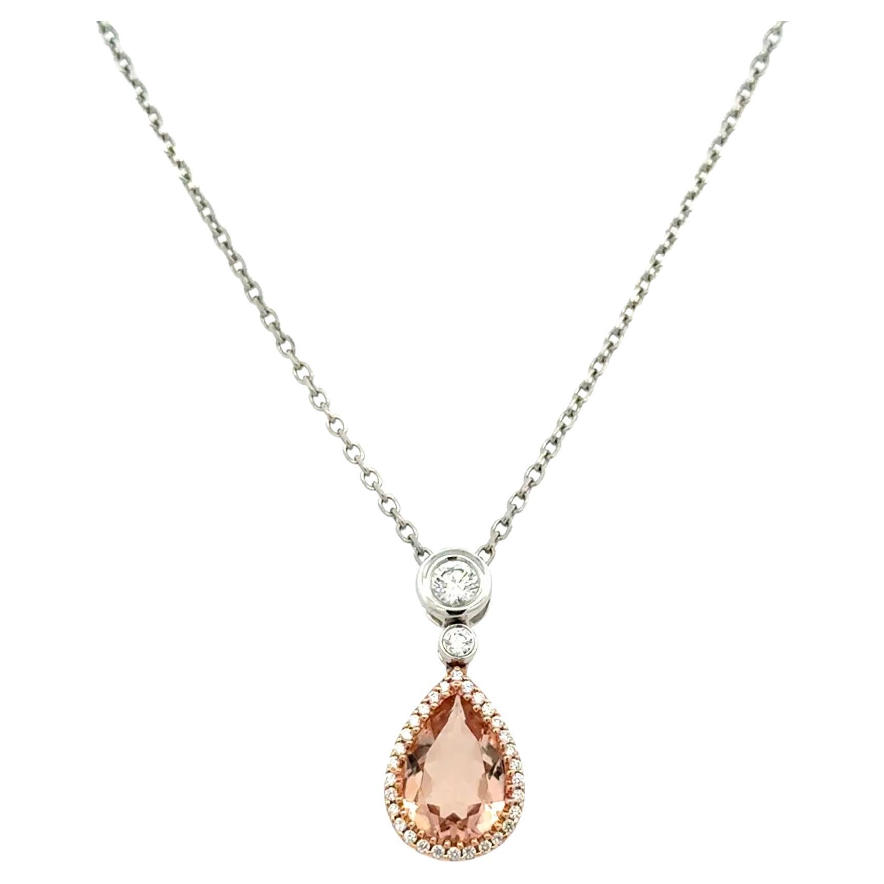 Vintage 1.3 Carat Pear Morganite and Diamond Gold Drop Pendant Necklace For Sale