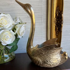 Vintage 13" Tall Etched Brass Swan Sculpture Planter Vase