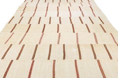 Vintage 13 x 27 Extra-Long Minimalist Striped Kilim Wool Rug In neutral cream