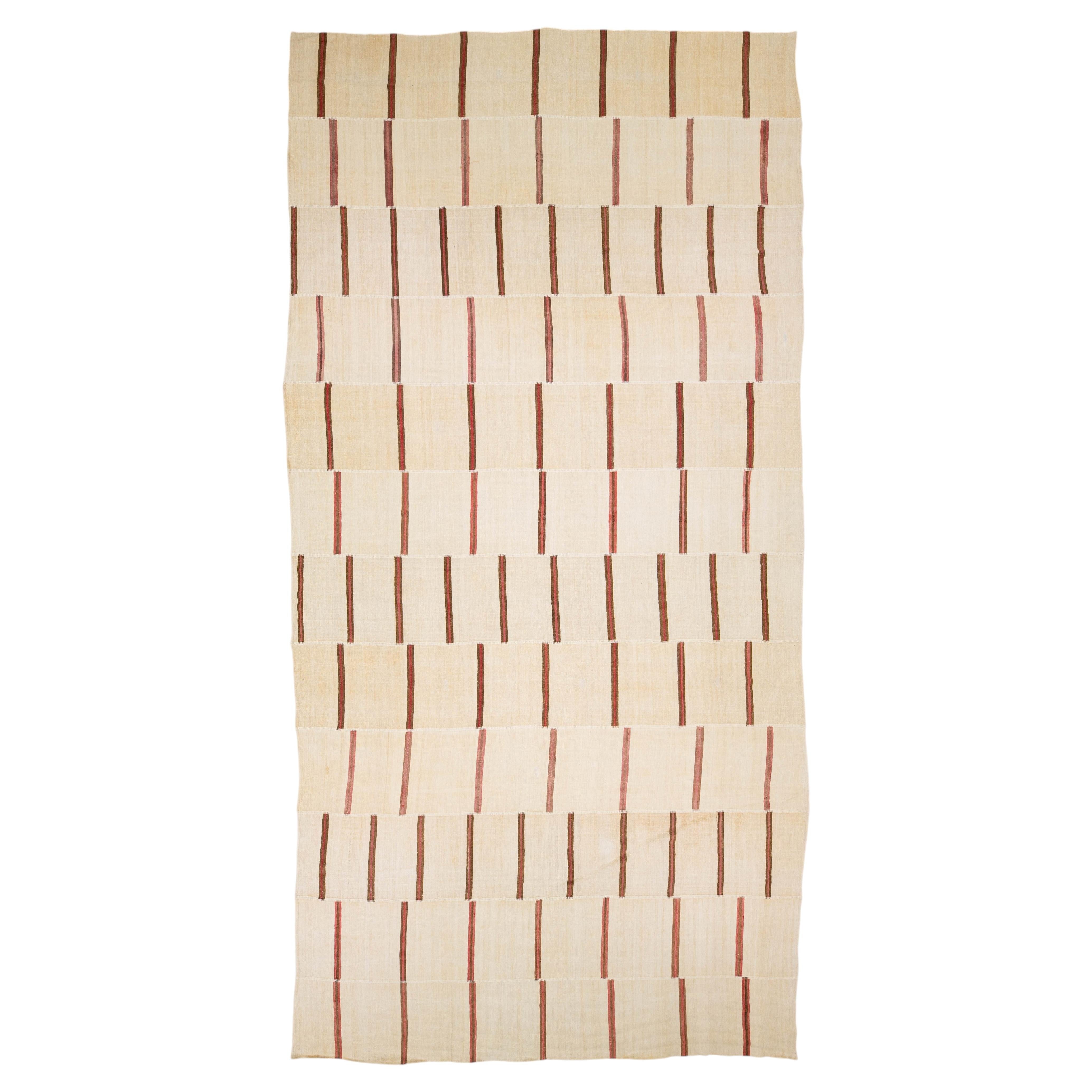Vintage 13 x 27 Extra-Long Minimalist Striped Kilim Wool Rug In neutral cream